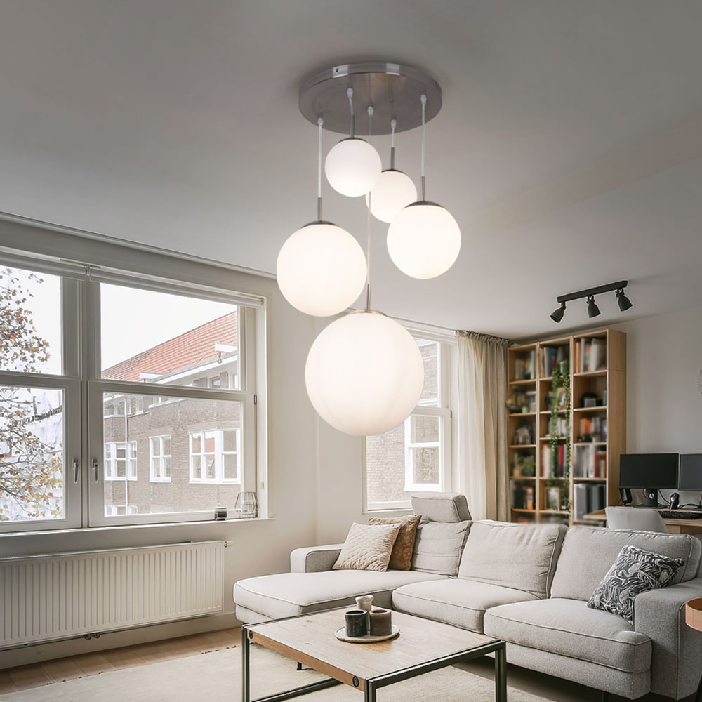 Designer LED Decken Hängelampe mit fünf verschieden großen Kugeln