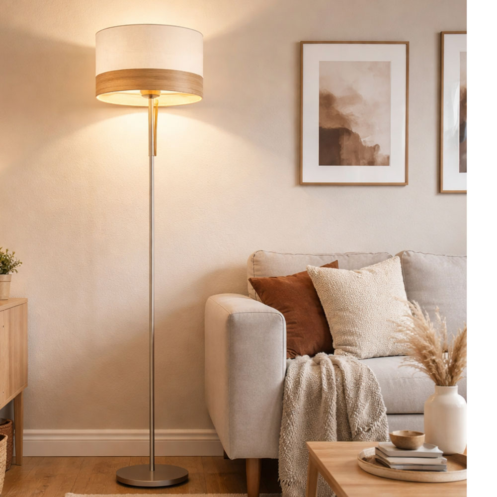 Stehleuchte, Textil beige, Holzoptik, H 170 cm
