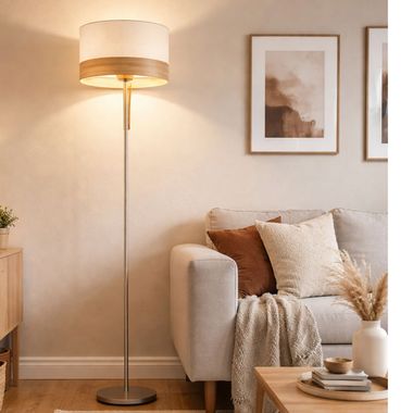 Stehleuchte, Textil beige, Holzoptik, H 170 cm