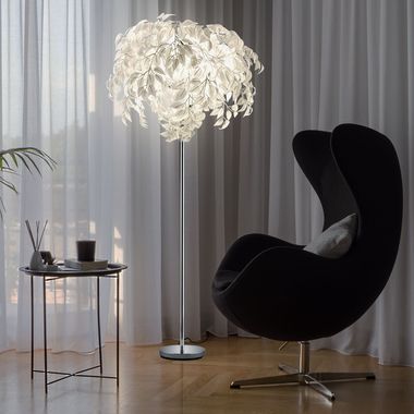 Lampada da terra, design foglie, cromo, bianco, H 180 cm