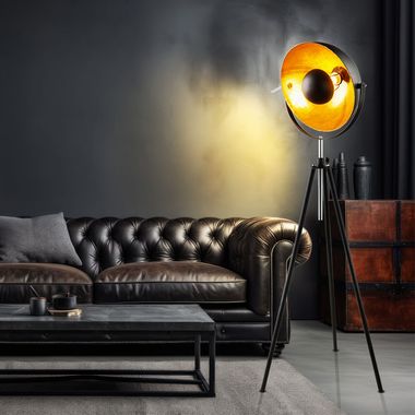 Staande lamp, industriële stijl, metaal, zwart goud