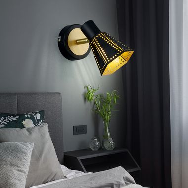 Wall lamp, movable spot, black gold metal, H 17 cm