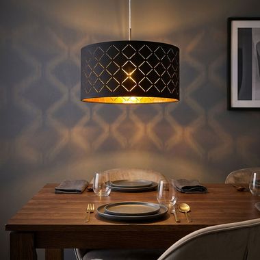 Lampa wisząca, metalowy klosz z tkaniny, czarne złoto, wys. 140 cm