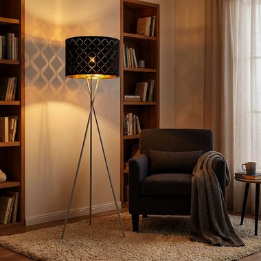Vloerlamp, textiel, zwart, goud, 3-poot, H 158 cm