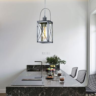 Lampe à suspension, design lanterne, verre, clair, chrome, H 110 cm