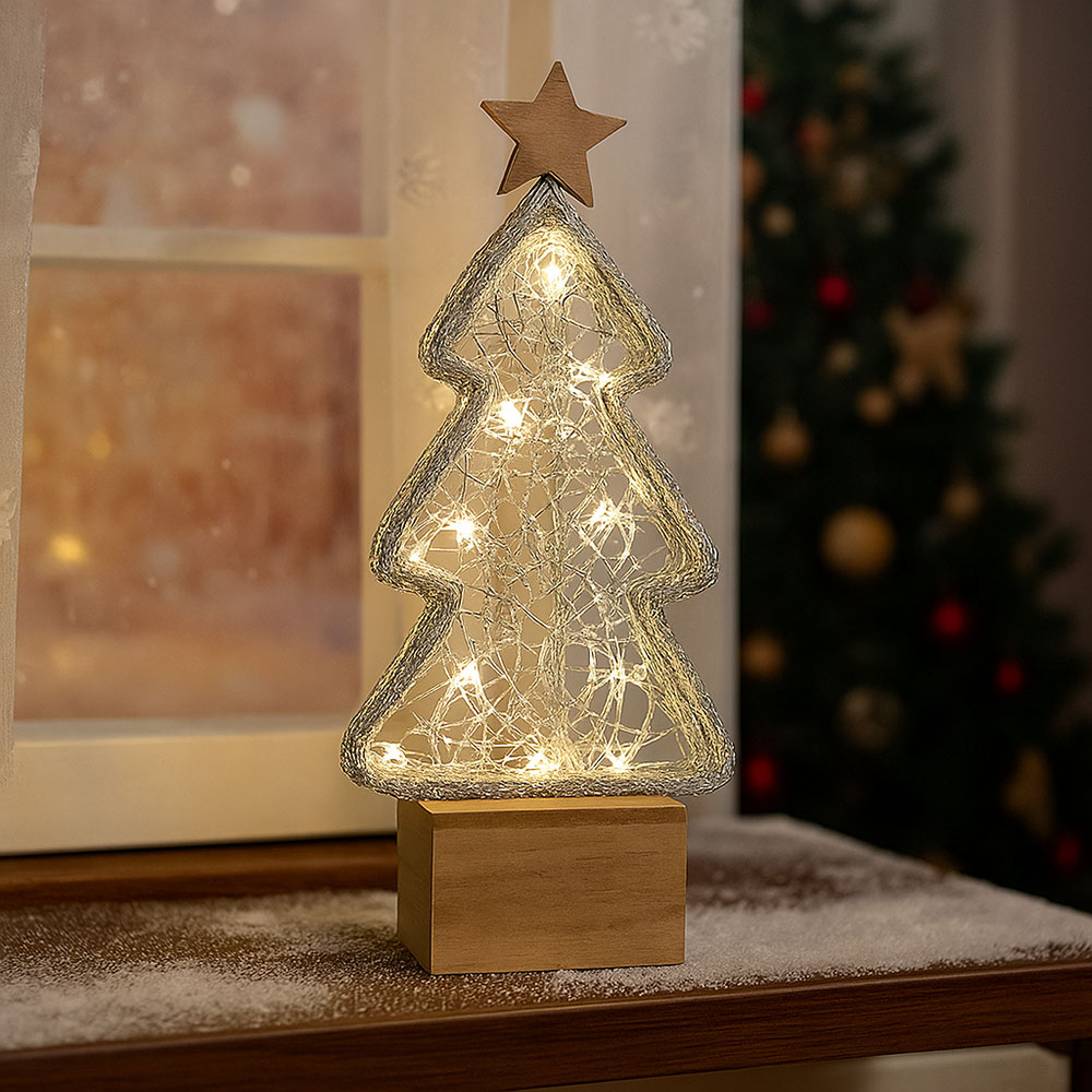 LED Deko Tischleuchte, Weihnachtsbaum, silber, H 36 cm, THEA