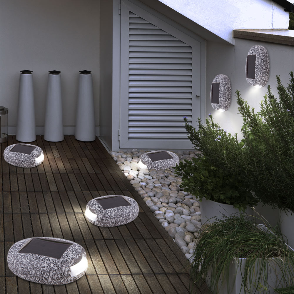 3er Set LED Solarleuchten, Stein Design, grau, L 8,5 cm