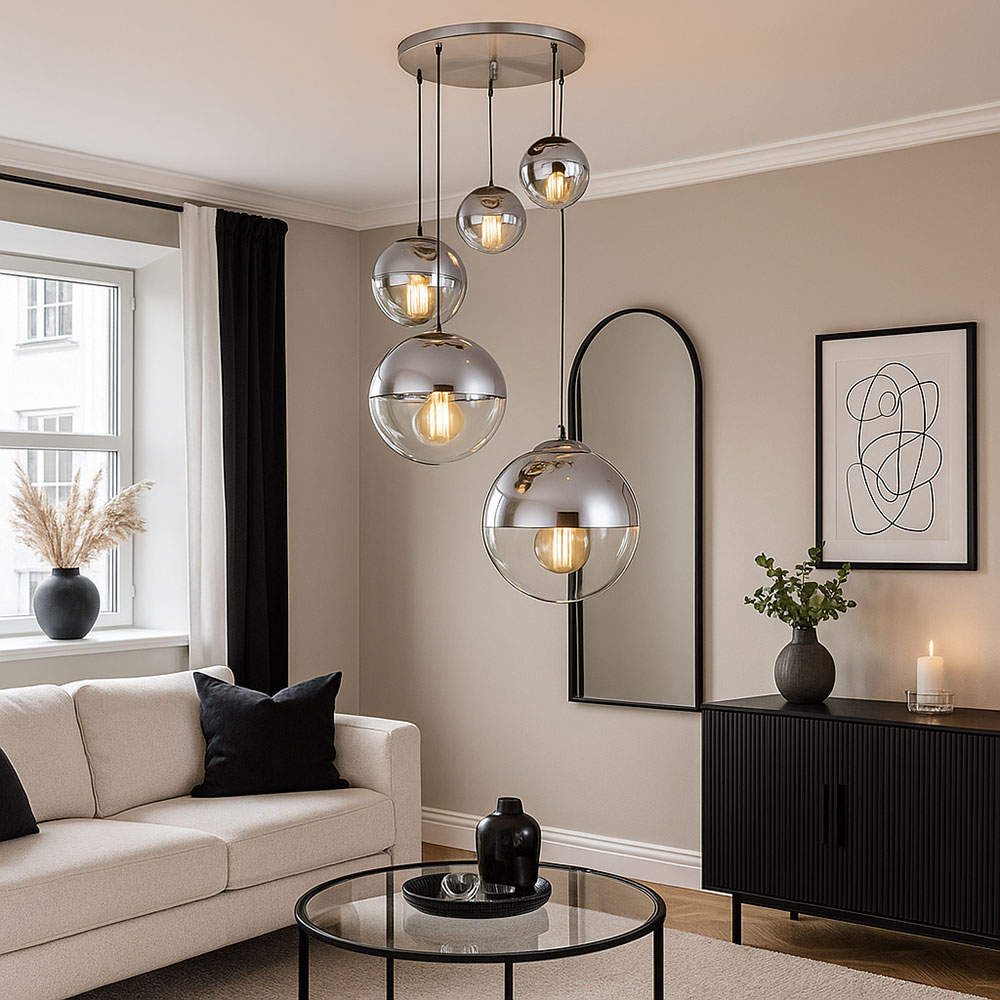 LED Hängelampe, Glaskugeln chrom, klar Höhe 150 cm, VARUS