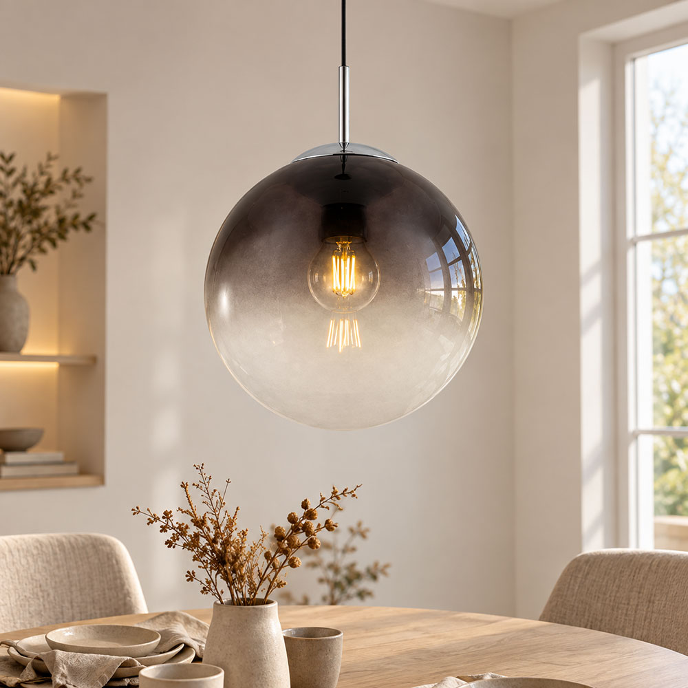 LED Pendelleuchte, Glaskugel, Rauchglas, 25 cm