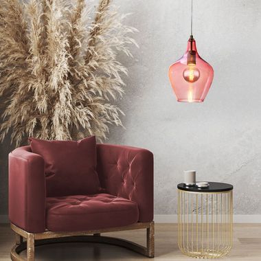 Lampada a sospensione, argento, vetro rosa, H 150 cm