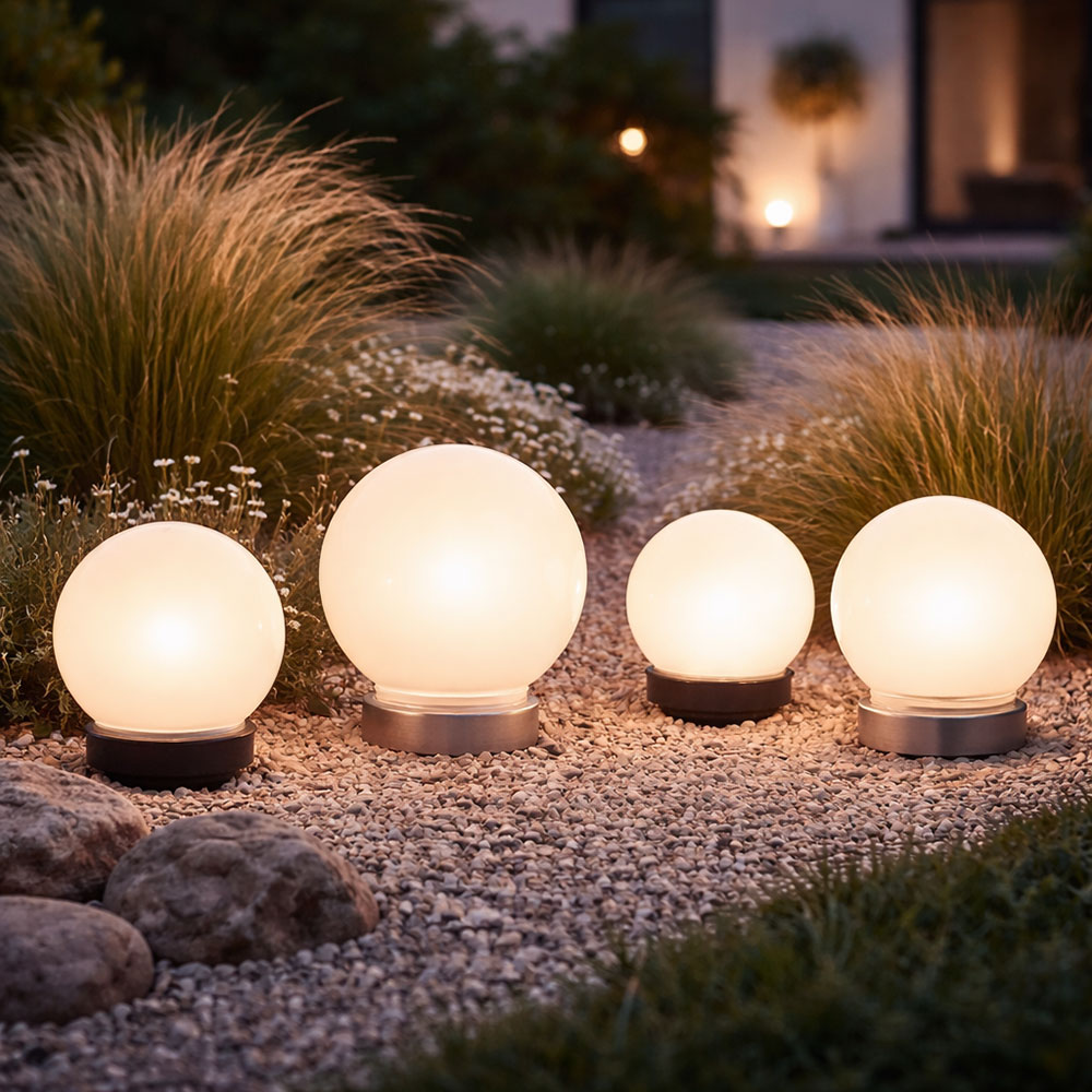 4er Set LED Solar Steckleuchten, Kugel Design, weiß