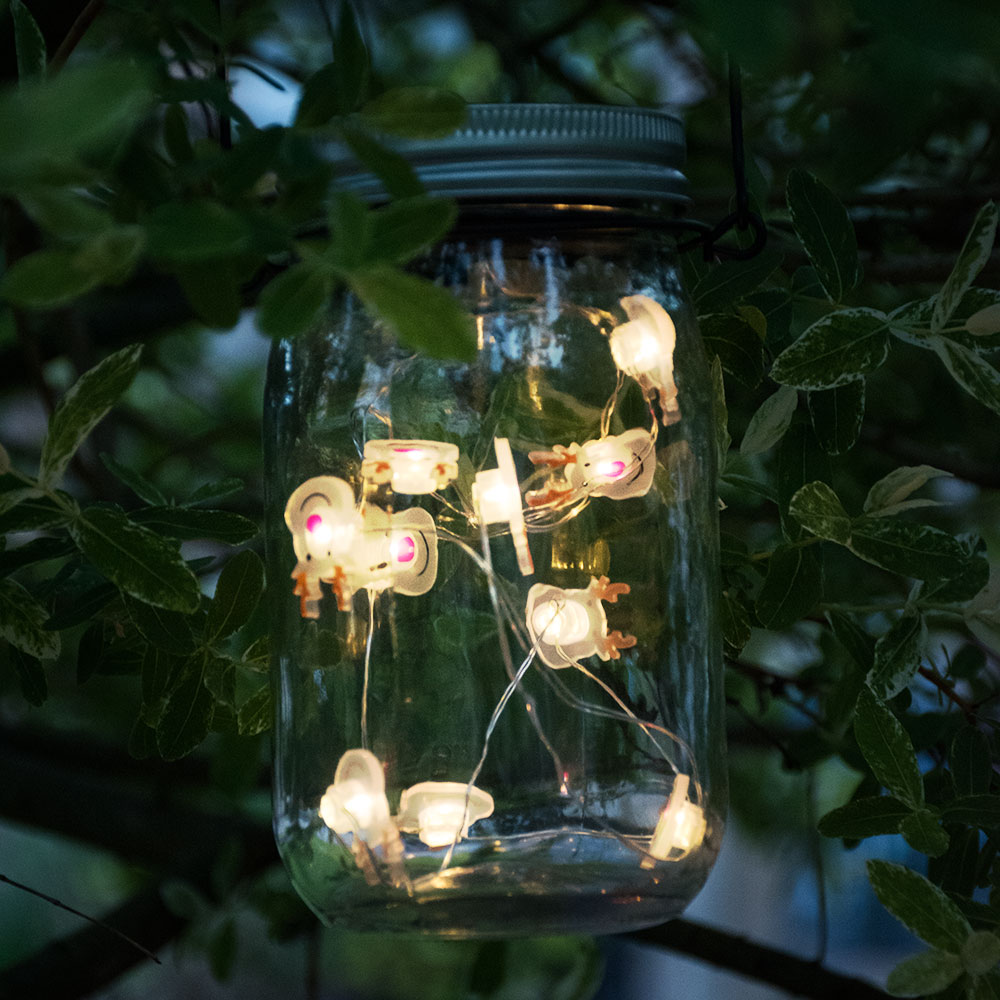 LED Glas Solarleuchte, klar, Lichterkette, 10x Rentier