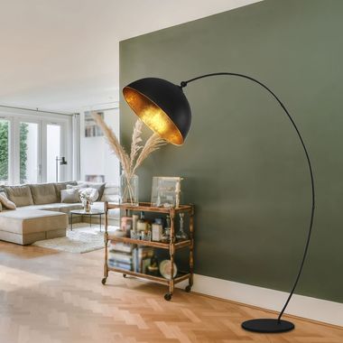 Łukowa lampa podłogowa z płatkami złota, czarny mat, wys. 182 cm