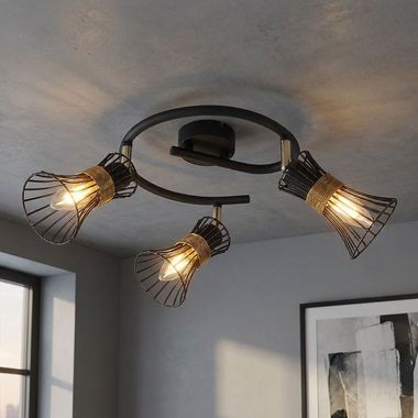 Plafondlamp, traliewerk, staven, zwart, goud, verplaatsbare spots