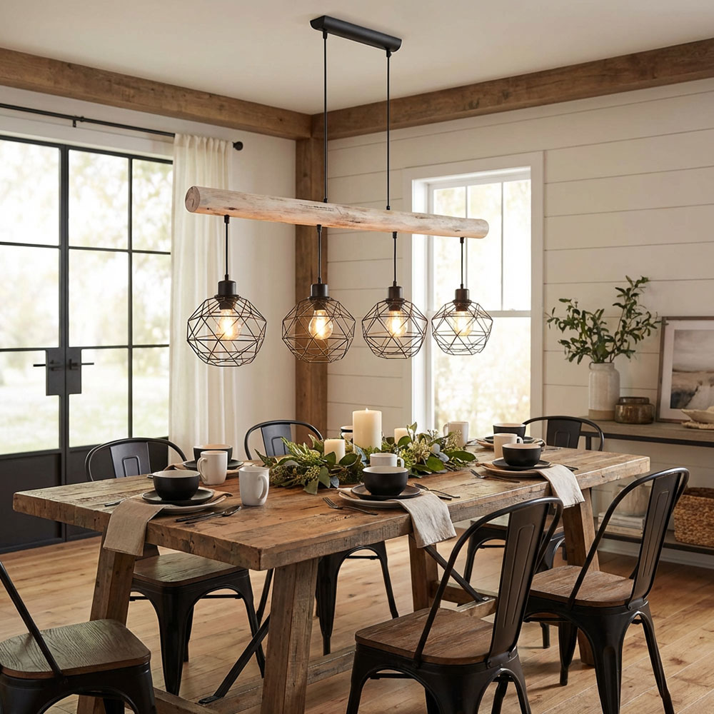 Pendel-Strahler Deckenlampe Vintage – Holz & Balken-Optik, Küchenhängeleuchte, Schwarz
