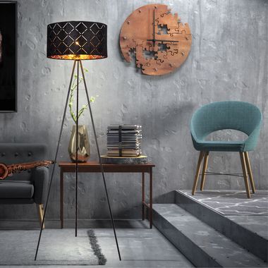 Staande lamp, textiel, zwart-goud, driepoot frame, SUNNA