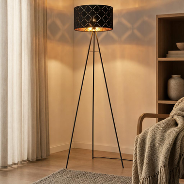 Floor lamp, textile, black -gold, tripod frame, SUNNA