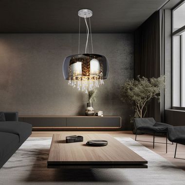 Lampa wisząca, chromowana, szkło w kolorze dymu, wys. 120 cm