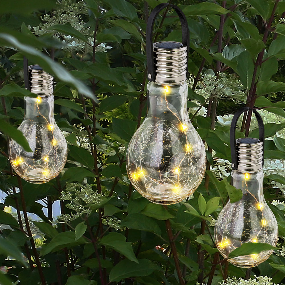 LED Außen Solarleuchte, Glühbirnen-Form, Crackle-Glas