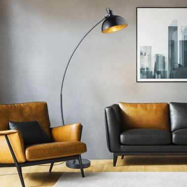 Bogenstehlampe, beweglicher Spot, schwarz-gold, H 155 cm
