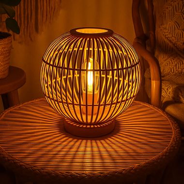 Lampe de table HILDEGARD, bambou, brun, aspect bambou, E27, H 33,5 cm