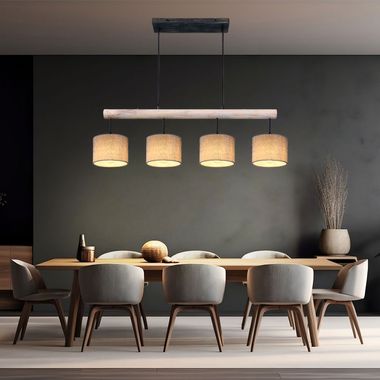 Lampada a sospensione, trave in legno, regolabile in altezza, tessuto, L 102 cm