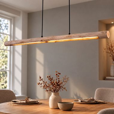 Mella LED pendant light, black, metal and wood, dimmable, H 150 cm