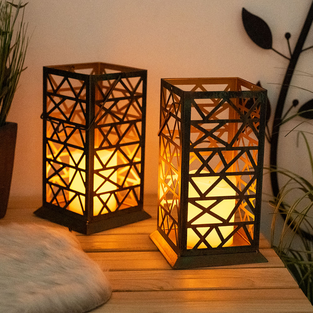 2x LED Feuereffekt Solarleuchte, rost-grün, Höhe 27 cm