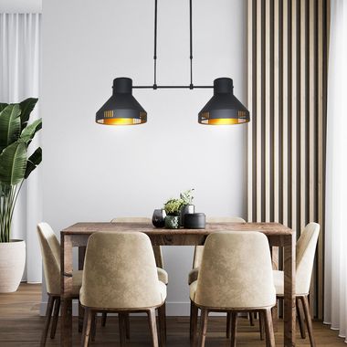 Lampada a sospensione, nero  opaco, oro, altezza regolabile, lunghezza 105 cm, EVY