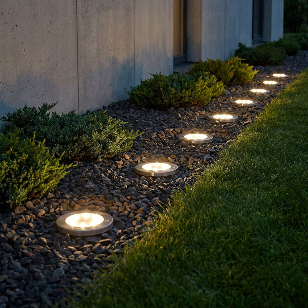 8er Set LED Solar-Bodenleuchten, Erdspieß, Edelstahl, D 13cm