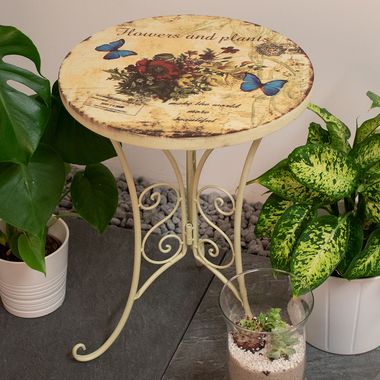 Tavolo da bistrot, design floreale, farfalla, bianco sporco, 38 cm