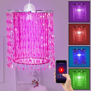 Lampa wisząca LED RGB, różowe kryształy, sterowanie aplikacją/głosem