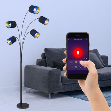 Lampadaire LED RGB, noir-or, textile, orientable, appli et commande vocale