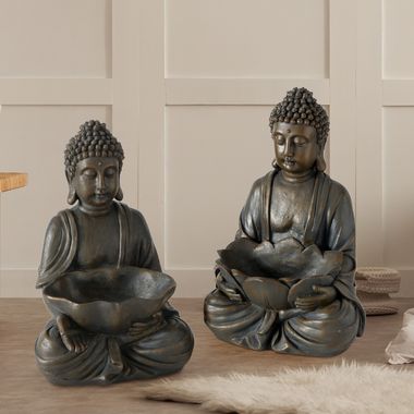 Lot de 2 figurines décoratives Bouddha, résine synthétique marron, H 30 cm