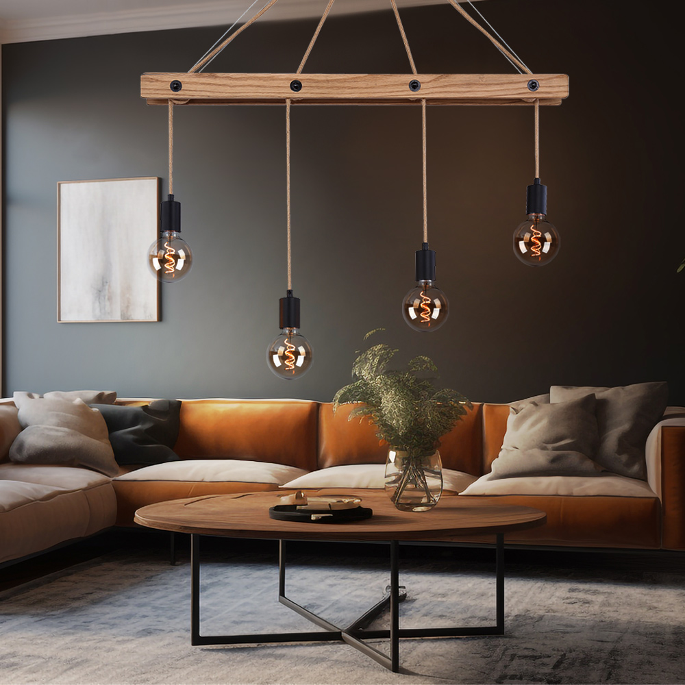 Hänge Pendel Leuchte Vintage Holz Wohn Ess Schlaf Raum Lampe schwarz Verstellbar Hänge Pendel Leuchte Vintage Holz Wohn Ess Schlaf Raum Lampe schwarz Verstellbar