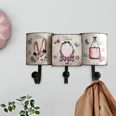 Wall coat rack, sheet metal panels, 3x coat hooks