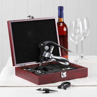 Service à vin, 10 pièces, thermomètre, tire-bouchon, coffret en bois