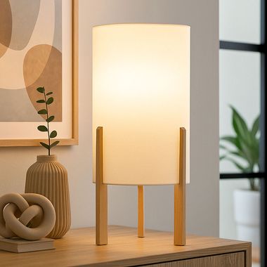 Tischleuchte, Holz, natur, Textilschirm, beige, H 40 cm