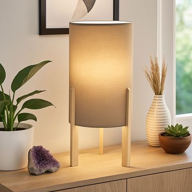 Table lamp, wood, natural, textile shade, grey, H 40 cm