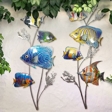 Lot de 2 objets muraux, design poisson, colorés H 73 cm