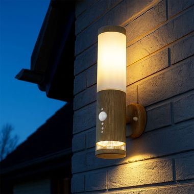 LED Wandleuchte, Bewegungsmelder, Holz-Optik, H 35 cm