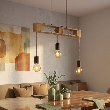 Hängeleuchte JOELLE, Metall, Holz, Schwarz, höhenverstellbar, H 120 cm