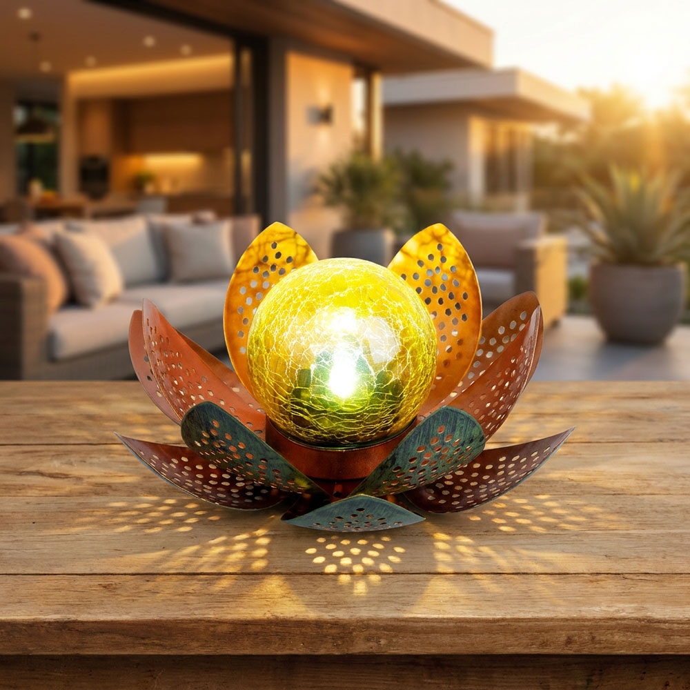 LED Solarleuchte, Metall, Grün Gold, Blüte, IP44, D 25 cm