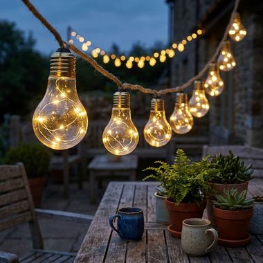 Chaîne lumineuse solaire LED, 10x ampoules, corde de chanvre, L 570 cm