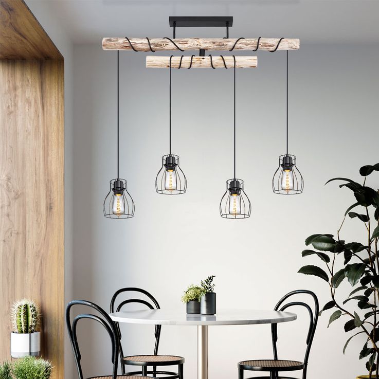 LED Hängeleuchte, Holzbalken, natur, schwarz-matt, L 80 cm | ETC Shop