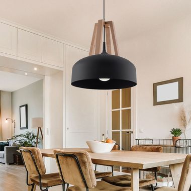 Lampa wisząca, czarna stal, naturalne drewno, 30 cm