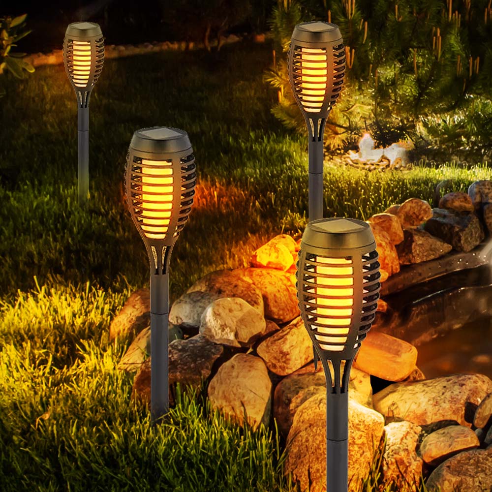 4er Set LED Solarleuchten, schwarz, Feuereffekt, H 50 cm