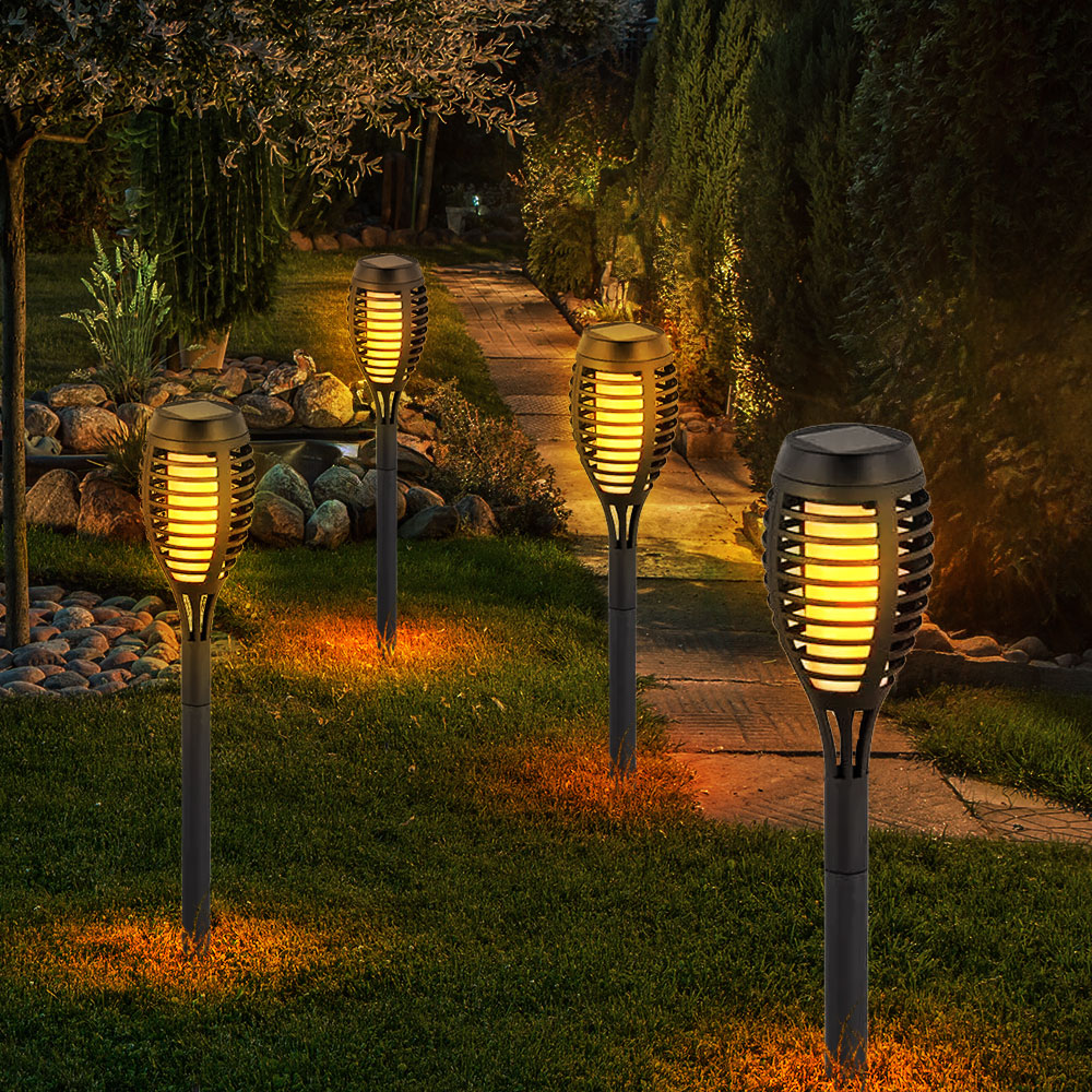 4er Set LED Solarleuchten, schwarz, Feuereffekt, H 50 cm