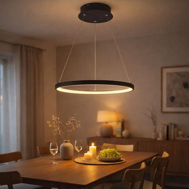 LED Hängeleuchte, Ring-Design, schwarz-matt, opal, 38,5 cm