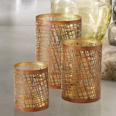 Set de 3 lanternes, fer, or, forme grille, H 12  -22 cm